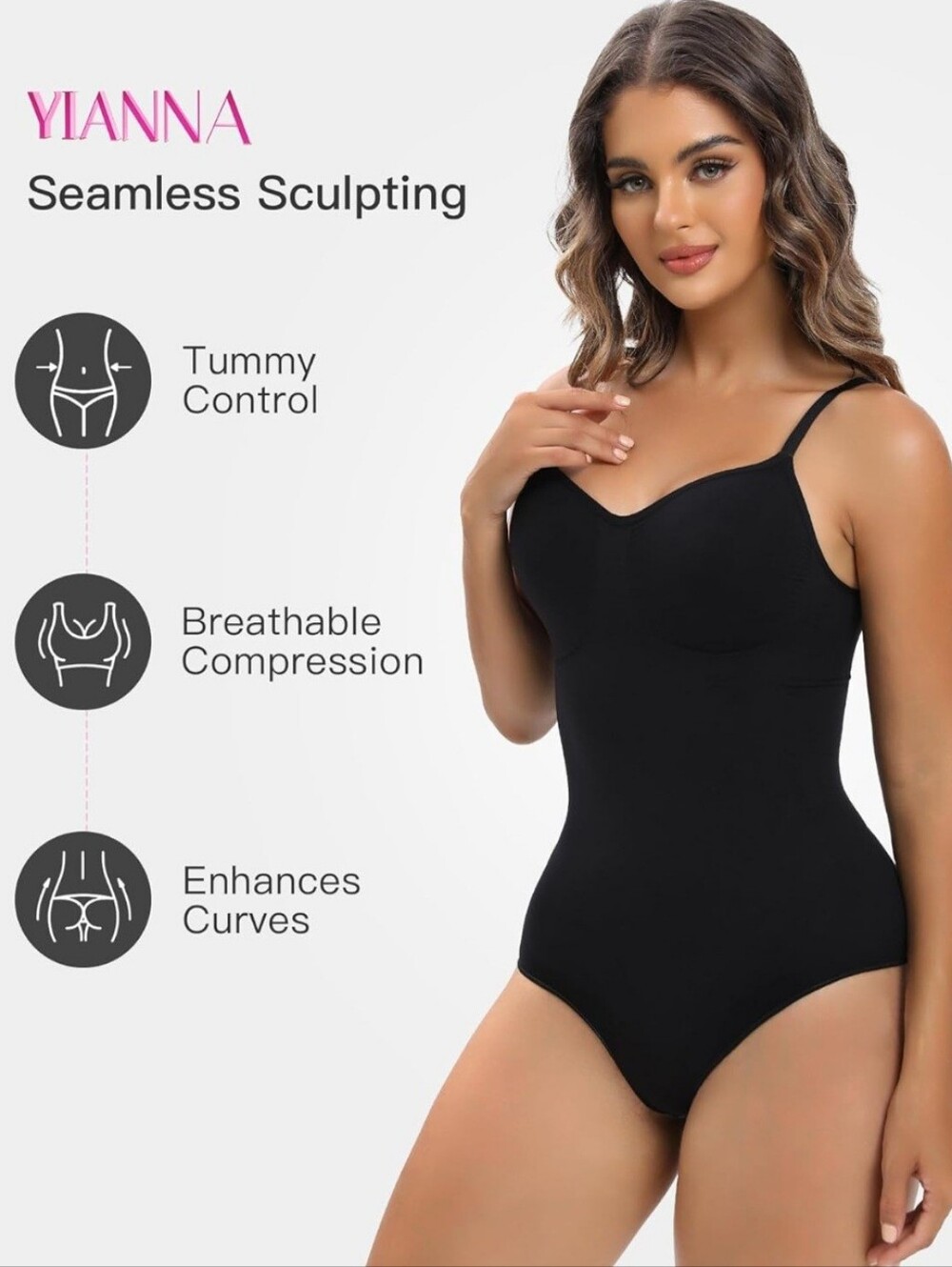 Yianna Black Seamless Sculpting Bodysuit with Tummy Control